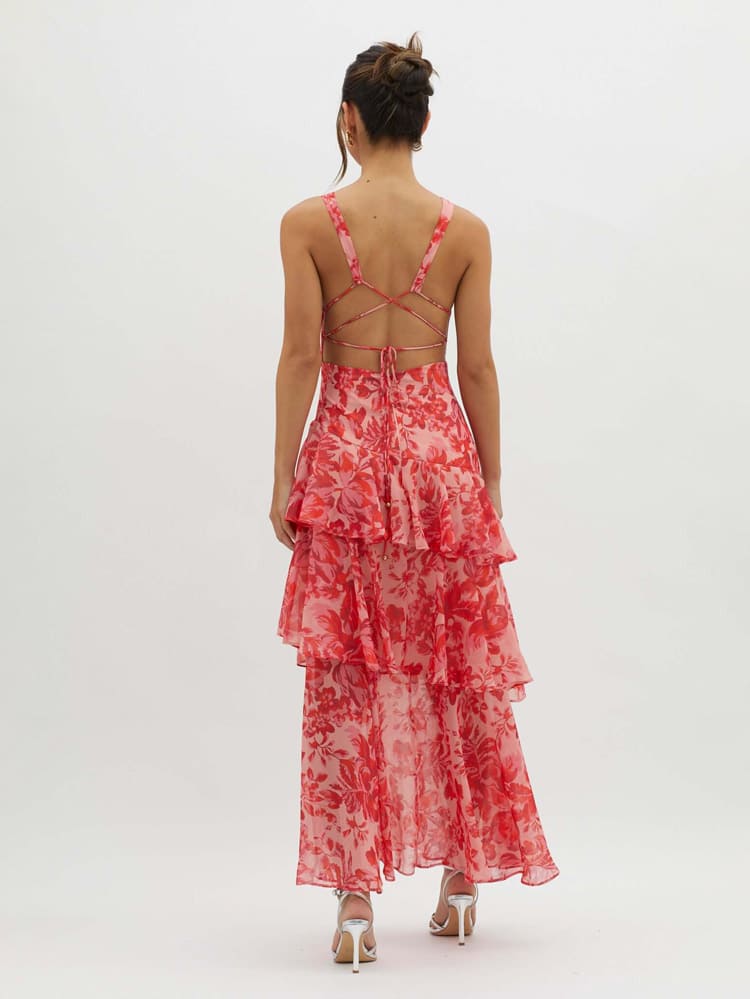 Ashley - Maxi Shoulder Straps Ruffles Dress - Red