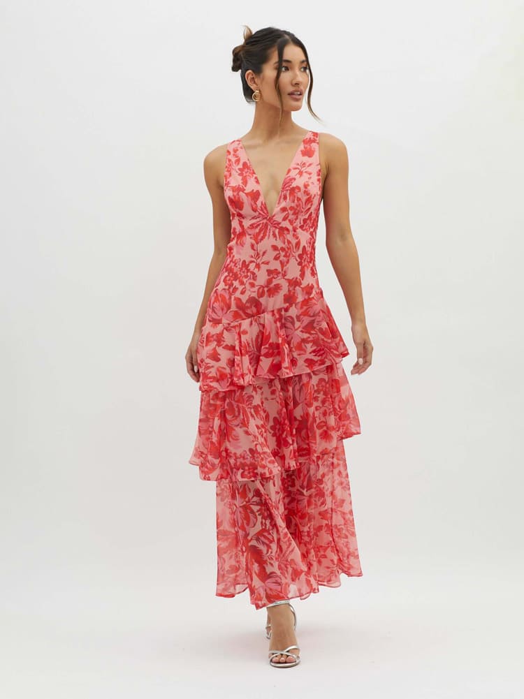 Ashley - Maxi Shoulder Straps Ruffles Dress - Red
