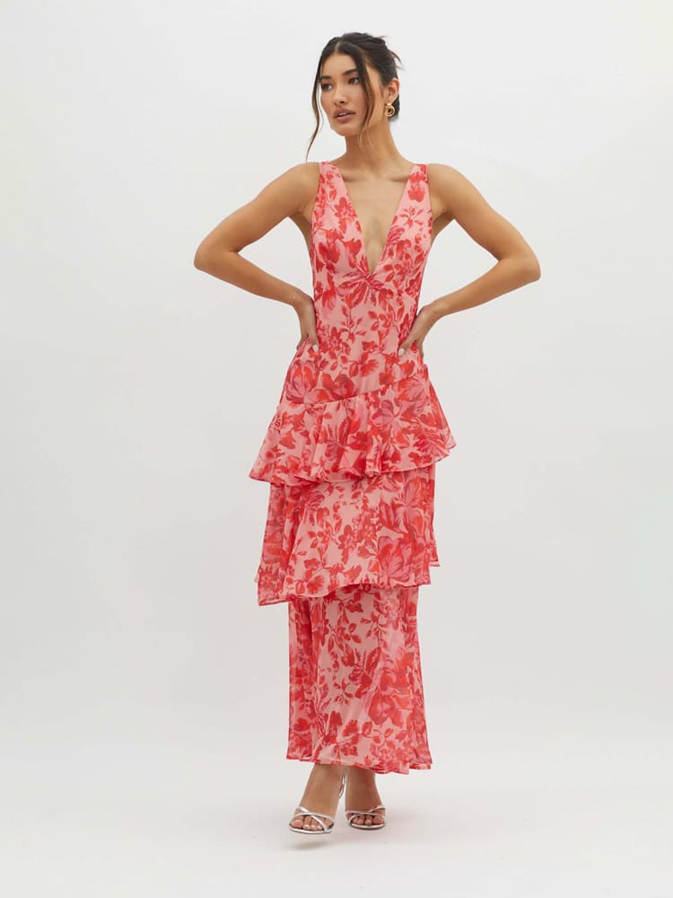 Ashley - Maxi Shoulder Straps Ruffles Dress - Red