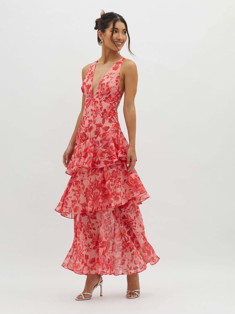 Ashley - Maxi Shoulder Straps Ruffles Dress - Red