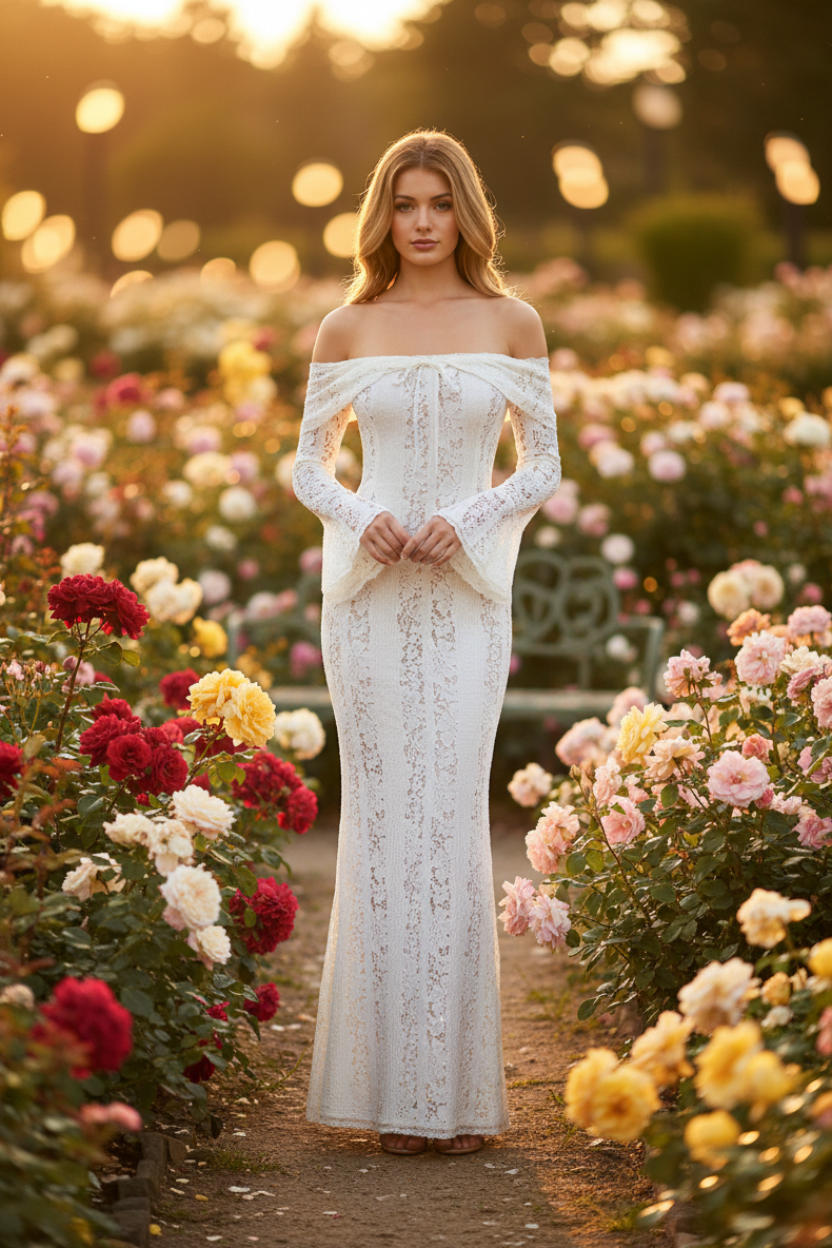 Livette - Vintage Off Shoulder Maxi Dress - Ivory