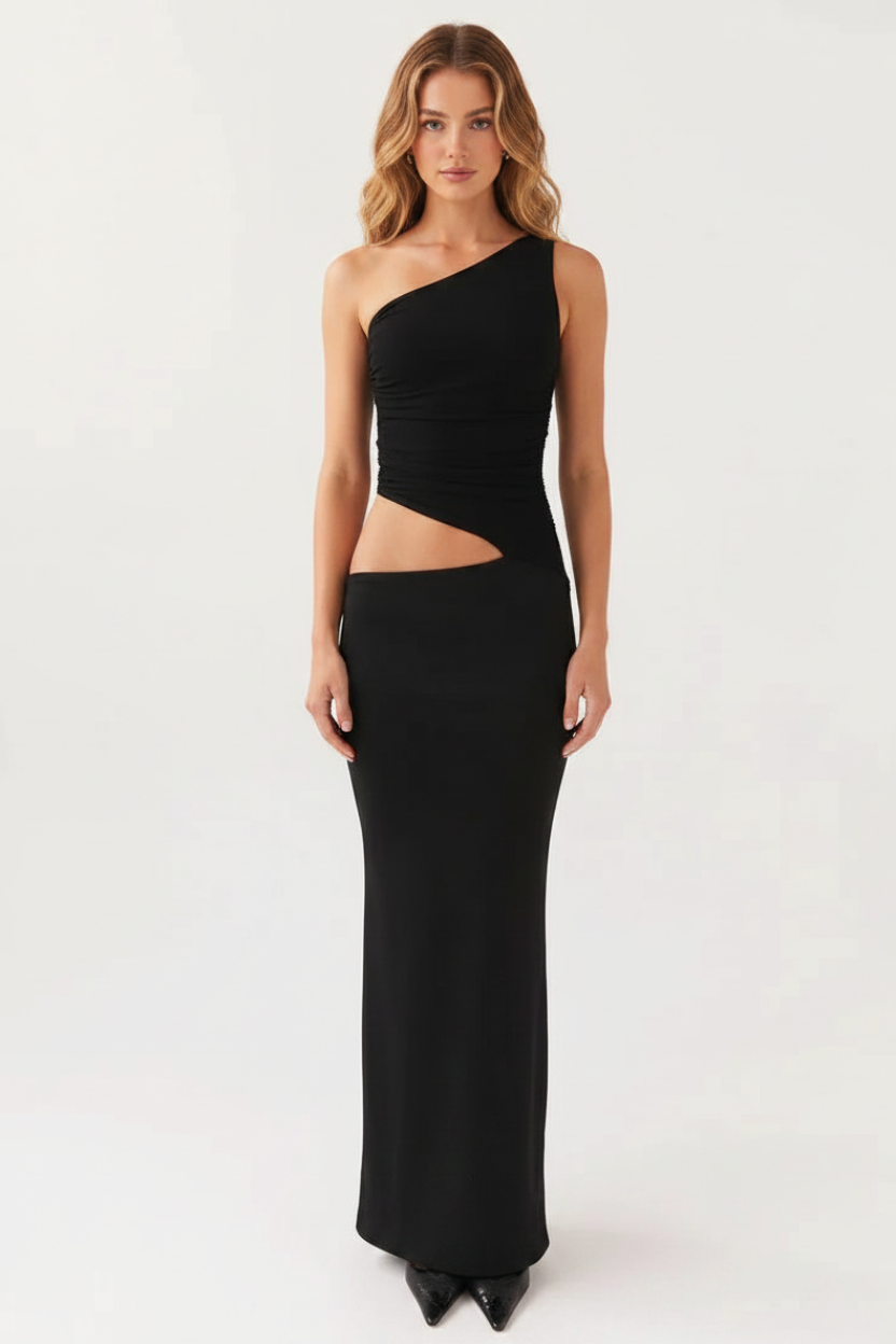 Mia Asymmetrical Long Dress - Black