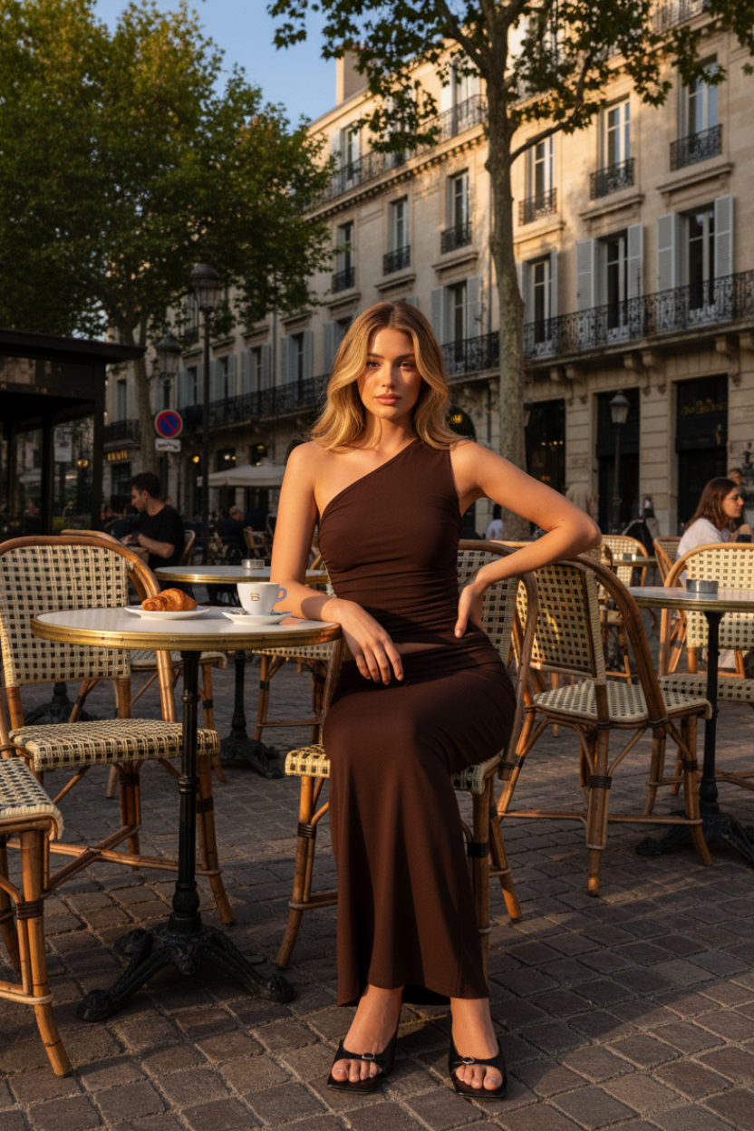 Mia Asymmetrical Long Dress - Brown