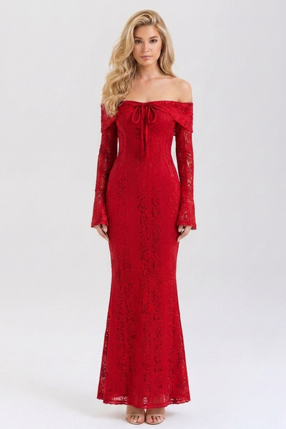 Red lace off-shoulder dress on a white background