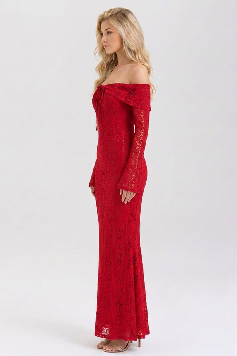 Woman wearing a red off-shoulder dress on a white background