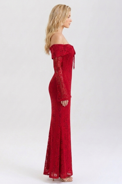 Red lace off-shoulder dress on a white background