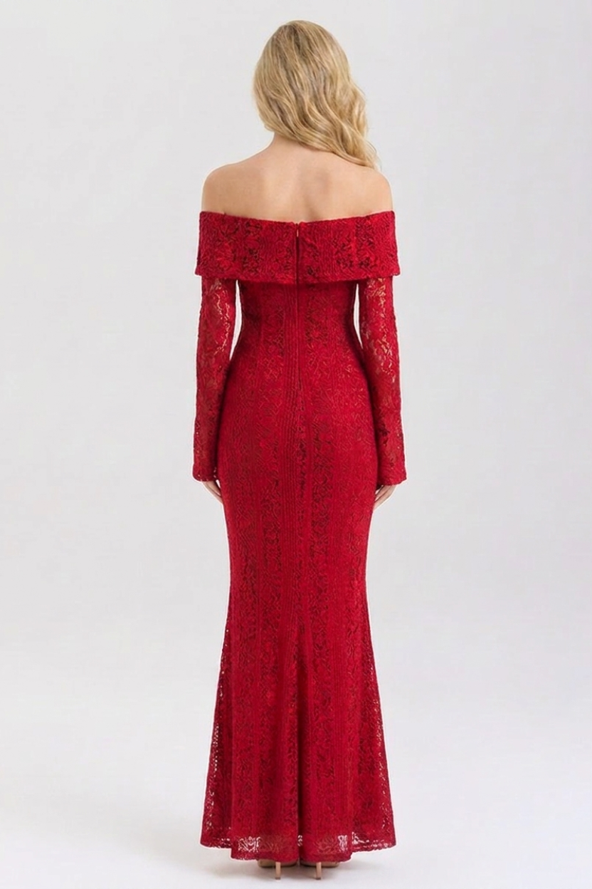 Red off-shoulder lace dress on a white background