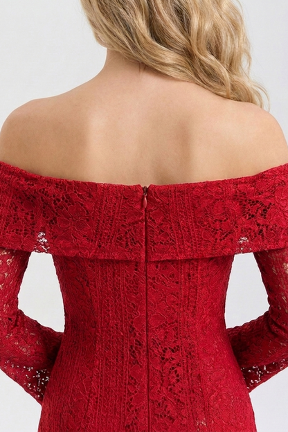 Red lace off-shoulder dress on a plain background