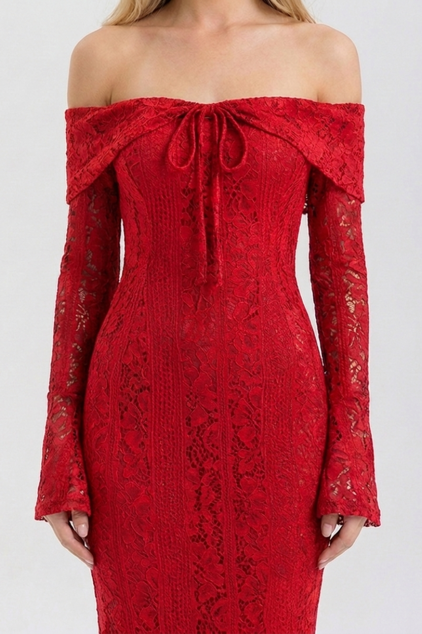 Red lace off-shoulder dress on a white background