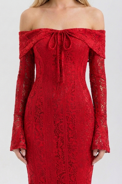 Red lace off-shoulder dress on a white background