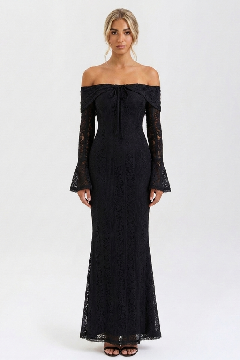 Ashley | Women’s Off Shoulder Maxi Dress Slim Fit Lace Maxi Dress Occasion Wear