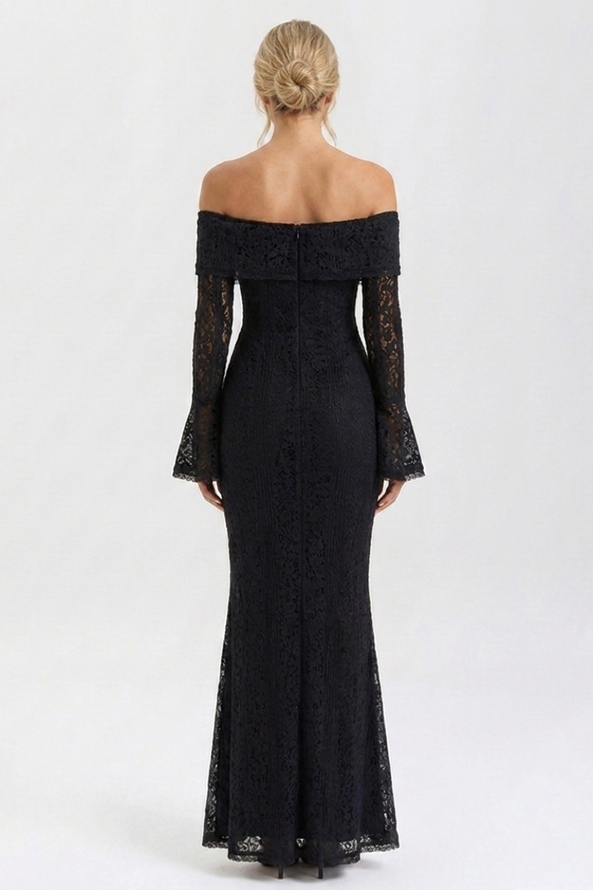 Black lace off-shoulder evening gown on a white background
