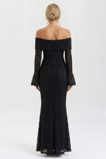 Black lace off-shoulder evening gown on a white background