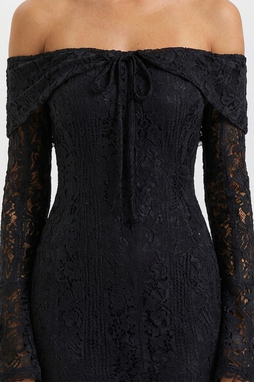 Black lace off-shoulder dress on a white background