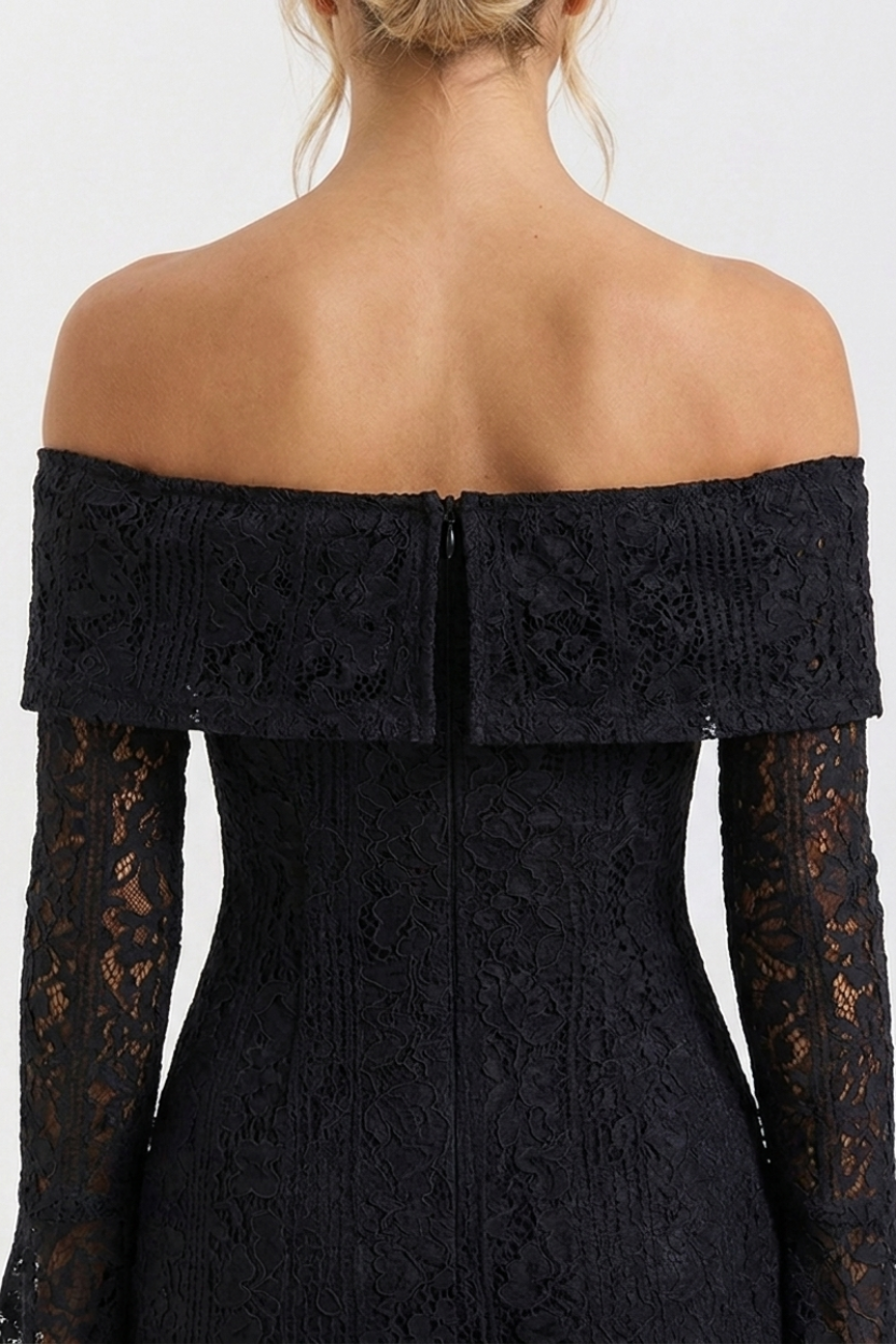 Black lace off-shoulder dress on a white background
