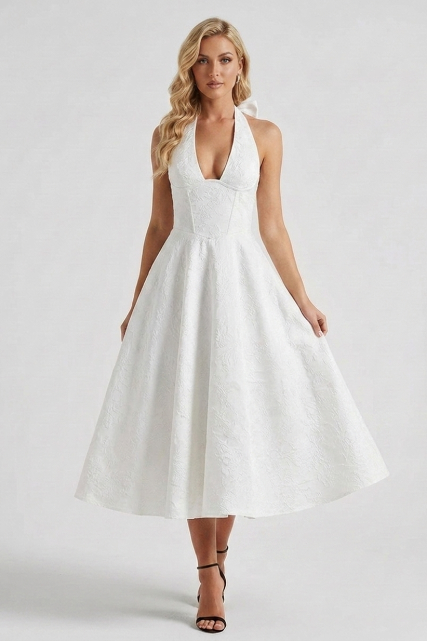 Ashley | Structured women’s midi dress corset bodice lace-up back fit